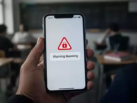 Nahaufnahme eines Smartphones mit einer Sicherheitswarnung auf dem Bildschirm, gehalten in einer Hand, im Hintergrund unscharf ein Klassenzimmer. - Foto: über boerse-global.de