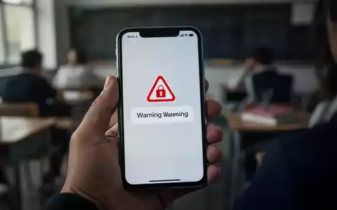 Nahaufnahme eines Smartphones mit einer Sicherheitswarnung auf dem Bildschirm, gehalten in einer Hand, im Hintergrund unscharf ein Klassenzimmer. - Foto: über boerse-global.de