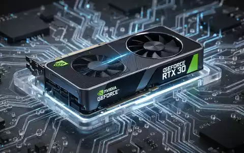 Nahaufnahme einer NVIDIA GeForce RTX 30-Serie GPU mit blauem Leuchten, integriert in eine durchsichtige Leiterplatte. - Foto: über boerse-global.de