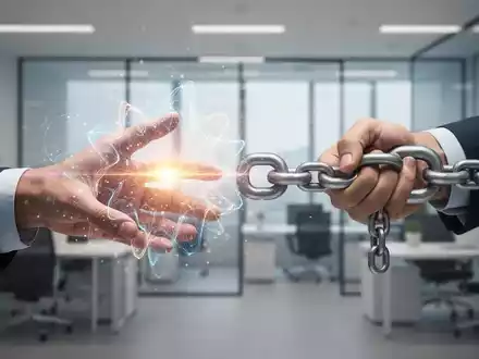 Eine Hand greift nach einem leuchtenden Motivationssymbol, während die andere eine Kette von Gewohnheiten festhält, in einer Büroumgebung. - Foto: über boerse-global.de
