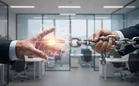 Eine Hand greift nach einem leuchtenden Motivationssymbol, während die andere eine Kette von Gewohnheiten festhält, in einer Büroumgebung. - Foto: über boerse-global.de