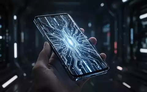 Schlankes, futuristisches Smartphone mit leuchtendem Bildschirm, gehalten von einer Hand in einer schwach beleuchteten High-Tech-Umgebung, symbolisiert fortschrittliche Technologie. - Foto: über boerse-global.de