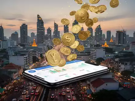Digitale Münzen und Währungssymbole fallen auf einen Smartphone-Bildschirm mit Finanz-App, dahinter eine Stadtsilhouette. - Foto: über boerse-global.de