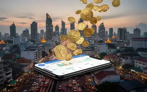 Digitale Münzen und Währungssymbole fallen auf einen Smartphone-Bildschirm mit Finanz-App, dahinter eine Stadtsilhouette. - Foto: über boerse-global.de
