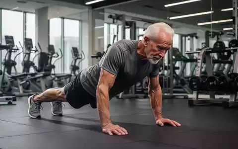 Ein älterer Mann (60er) führt eine Core-Übung in einem modernen Fitnessstudio aus, konzentriert sich auf Kraft und Stabilität. - Foto: über boerse-global.de