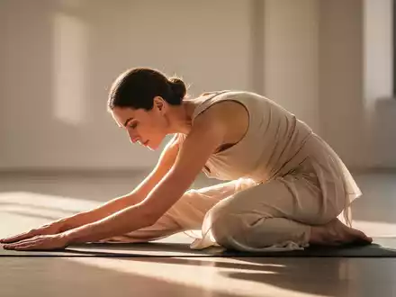 Eine Frau in einem hellen Yoga-Outfit praktiziert eine entspannende Yoga-Pose auf einer Matte in einem sonnigen, ruhigen Studio. - Foto: über boerse-global.de