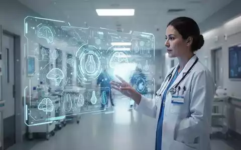Ein Arzt interagiert mit einer holografischen Schnittstelle, die medizinische Daten und KI-Symbole in einem modernen Krankenhaus zeigt. - Foto: über boerse-global.de