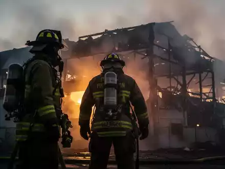Ein Feuerwehrmann in voller Ausrüstung steht vor einem rauchenden, beschädigten Industriegebäude bei Sonnenuntergang. - Foto: über boerse-global.de