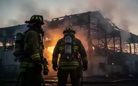 Ein Feuerwehrmann in voller Ausrüstung steht vor einem rauchenden, beschädigten Industriegebäude bei Sonnenuntergang. - Foto: über boerse-global.de