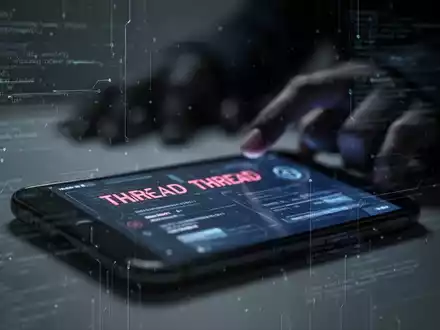 Nahaufnahme eines Smartphone-Bildschirms mit einer digitalen Bedrohung, während eine unscharfe Hand im Hintergrund danach greift. - Foto: über boerse-global.de