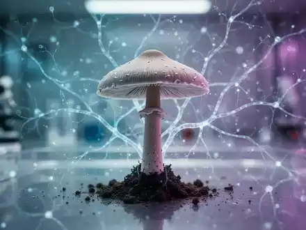 Ein Psilocybin-Pilz wächst in einer futuristischen Laborumgebung, umgeben von leuchtenden neuronalen Netzwerkmustern. - Foto: über boerse-global.de