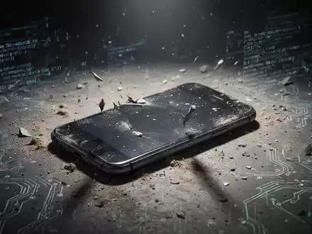Ein dunkles, weggeworfenes Smartphone auf einer staubigen Oberfläche, umgeben von fragmentiertem Code, von einem grellen Scheinwerfer beleuchtet. - Foto: über boerse-global.de