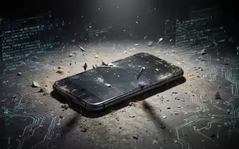 Ein dunkles, weggeworfenes Smartphone auf einer staubigen Oberfläche, umgeben von fragmentiertem Code, von einem grellen Scheinwerfer beleuchtet. - Foto: über boerse-global.de