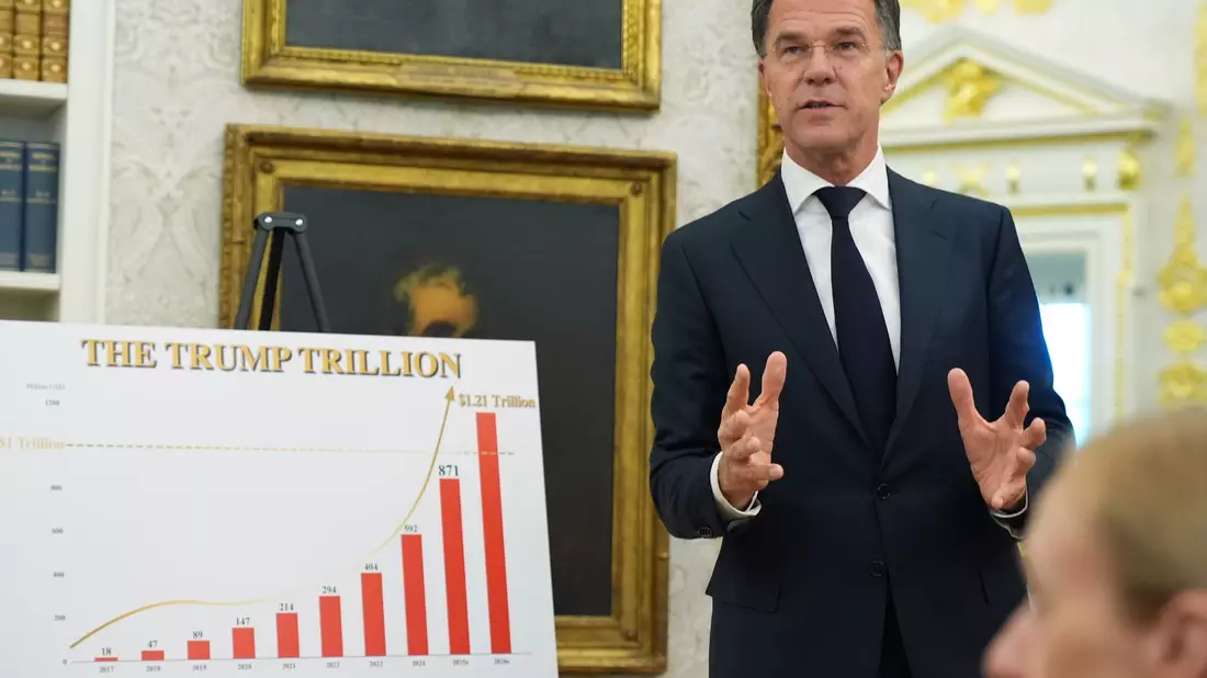 Zahlen für Trump: Nato-Generalsekretär Mark Rutte brachte dem US-Präsidenten jüngst sogar eine Schautafel mit. Das Diagramm war mit den Worten «Die Trump-Billion» überschrieben. (Archivbild) - Bild: Jacquelyn Martin/AP/dpa