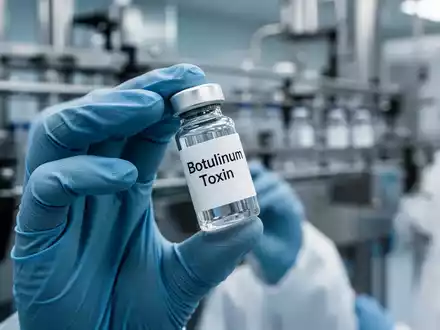 Ein Wissenschaftler in einem sterilen Labor hält ein Fläschchen mit Botulinumtoxin. Im Hintergrund ist unscharfe pharmazeutische Ausrüstung zu sehen. - Foto: über boerse-global.de