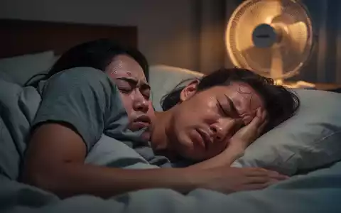 Eine Person liegt wach im Bett, schwitzt und hat Mühe, wegen der Hitze einzuschlafen. Ein Ventilator ist im Hintergrund sichtbar. - Foto: über boerse-global.de