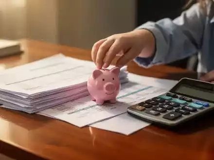 Eine kleine Kinderhand platziert ein Sparschwein neben Finanzdokumenten und einem Taschenrechner auf einem Schreibtisch, symbolisiert frühe Finanzplanung. - Foto: über boerse-global.de