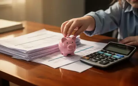 Eine kleine Kinderhand platziert ein Sparschwein neben Finanzdokumenten und einem Taschenrechner auf einem Schreibtisch, symbolisiert frühe Finanzplanung. - Foto: über boerse-global.de