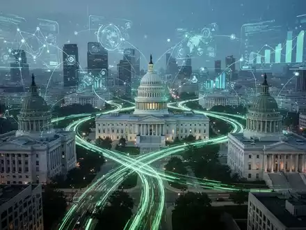 Eine futuristische Stadtlandschaft mit digitalen Pfaden und schwebenden Datenvisualisierungen, die Vernetzung und Effizienz symbolisieren. - Foto: über boerse-global.de