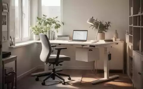 Ein minimalistisches Homeoffice mit höhenverstellbarem Schreibtisch, Laptop und ergonomischem Bürostuhl von Ikea. Sonnenlicht fällt durch ein Fenster. - Foto: über boerse-global.de