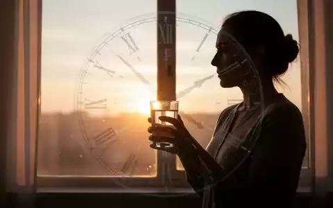 Eine Silhouette eines Menschen, der im Sonnenaufgang vor einem Fenster steht und ein Glas Wasser hält, mit einem dezenten Uhrensymbol. - Foto: über boerse-global.de