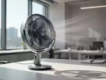 Ein moderner Schreibtischventilator kühlt einen hellen Büroraum mit warmem Sonnenlicht, das durch ein Fenster fällt. - Foto: über boerse-global.de