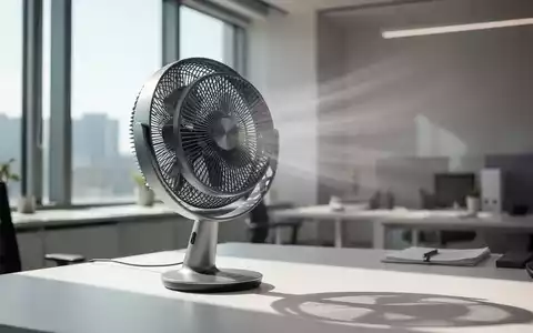 Ein moderner Schreibtischventilator kühlt einen hellen Büroraum mit warmem Sonnenlicht, das durch ein Fenster fällt. - Foto: über boerse-global.de
