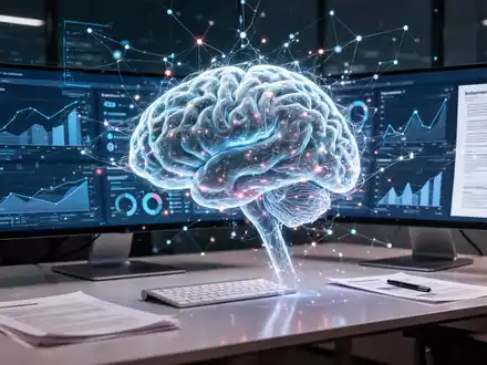 Glühende, abstrakte Darstellung eines neuronalen Netzes oder KI-Gehirns, nahtlos integriert mit digitalen Bildschirmen, die Geschäftsdaten und Dokumente anzeigen. - Foto: über boerse-global.de