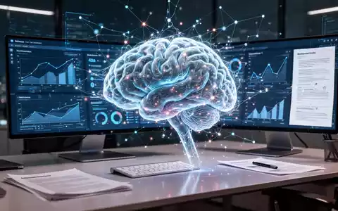 Glühende, abstrakte Darstellung eines neuronalen Netzes oder KI-Gehirns, nahtlos integriert mit digitalen Bildschirmen, die Geschäftsdaten und Dokumente anzeigen. - Foto: über boerse-global.de