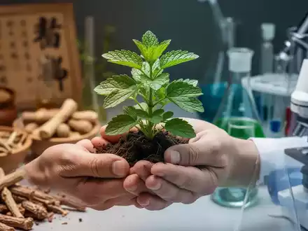 Eine Hand hält eine grüne Kräuterpflanze, im Hintergrund verschwommen traditionelle chinesische Medizin und Laborelemente. - Foto: über boerse-global.de