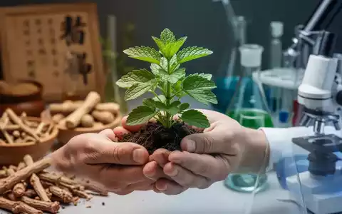 Eine Hand hält eine grüne Kräuterpflanze, im Hintergrund verschwommen traditionelle chinesische Medizin und Laborelemente. - Foto: über boerse-global.de