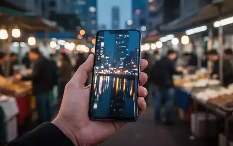 Eine Hand hält ein modernes Smartphone, das die Lichter der Stadt reflektiert, mit einem verschwommenen Markt im Hintergrund, Symbol für Technologie und Handel. - Foto: über boerse-global.de