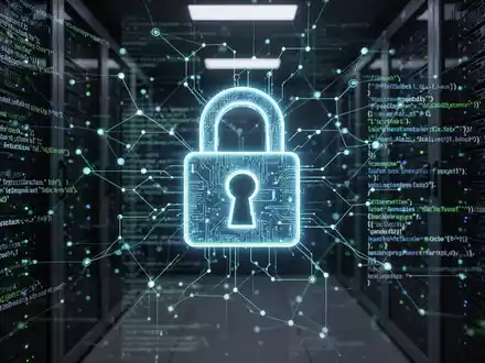 Ein stilisiertes, leuchtendes digitales Vorhängeschloss über einem komplexen Netzwerk aus Code und Server-Racks, das eine kompromittierte Lieferkette andeutet. - Foto: über boerse-global.de