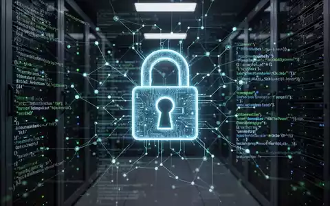 Ein stilisiertes, leuchtendes digitales Vorhängeschloss über einem komplexen Netzwerk aus Code und Server-Racks, das eine kompromittierte Lieferkette andeutet. - Foto: über boerse-global.de