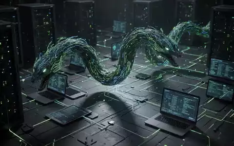 Ein bedrohlicher digitaler Wurm aus leuchtenden grünen und blauen KI-Schaltkreisen schlängelt sich über ein dunkles Servernetzwerk. - Foto: über boerse-global.de