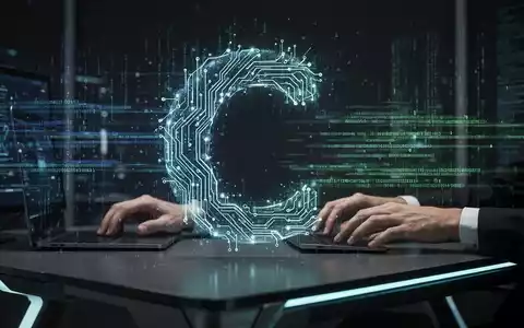 Stilisierte digitale 'C'-Form aus leuchtenden neuronalen Netzlinien, verschmolzen mit abstraktem Code und subtilen menschlichen Händen an futuristischem Interface, symbolisiert KI-Integration. - Foto: über boerse-global.de