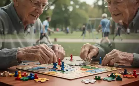 Älterer Mensch löst ein Puzzle oder spielt ein Brettspiel, im Hintergrund angedeutet körperliche Aktivität in einem Park. - Foto: über boerse-global.de