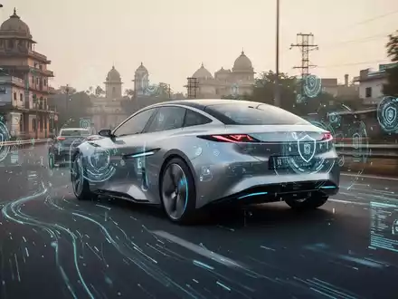 Futuristisches autonomes Auto auf indischer Straße, umgeben von digitalen Datenströmen, symbolisiert sichere Technologie und Regulierungen. - Foto: über boerse-global.de