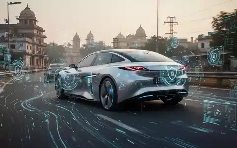 Futuristisches autonomes Auto auf indischer Straße, umgeben von digitalen Datenströmen, symbolisiert sichere Technologie und Regulierungen. - Foto: über boerse-global.de