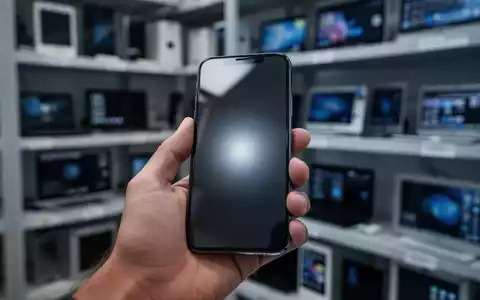 Eine Hand hält ein modernes iPhone, im Hintergrund unscharfe Regale mit generalüberholten Elektronikgeräten. - Foto: über boerse-global.de