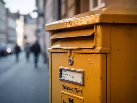 Ein gelber deutscher Briefkasten vor unscharfem Hintergrund, der Postdienstleistungen und behördliche Aufsicht symbolisiert. - Foto: über boerse-global.de