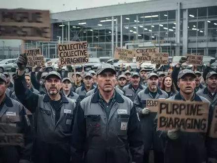 Arbeiterprotest vor einem modernen Automobilwerk. Eine Menschenmenge von Fabrikarbeitern demonstriert mit Plakaten. - Foto: über boerse-global.de