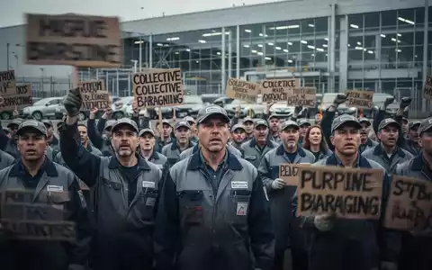 Arbeiterprotest vor einem modernen Automobilwerk. Eine Menschenmenge von Fabrikarbeitern demonstriert mit Plakaten. - Foto: über boerse-global.de