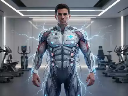 Eine Person in einem EMS-Trainingsanzug mit sichtbaren Elektroden, umgeben von blauen elektrischen Strömen, in einem modernen Fitnessstudio. - Foto: über boerse-global.de