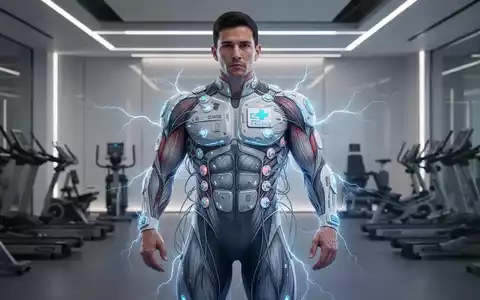 Eine Person in einem EMS-Trainingsanzug mit sichtbaren Elektroden, umgeben von blauen elektrischen Strömen, in einem modernen Fitnessstudio. - Foto: über boerse-global.de
