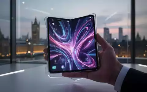 Ein schlankes, faltbares Smartphone mit einer futuristischen Benutzeroberfläche in einer Hand vor einer verschwommenen Londoner Skyline. - Foto: über boerse-global.de