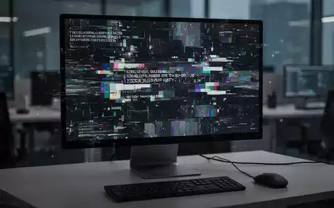 Ein Computerbildschirm mit fragmentiertem, glitchartigem Digitalbild und Fehlercode-Overlays, die Softwareprobleme symbolisieren. - Foto: über boerse-global.de