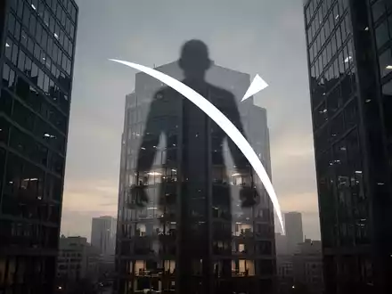 Eine abstrakte, atmosphärische Szene, die einen drohenden Schatten über einem Bürogebäude in der Dämmerung zeigt und potenzielle Strafen im Mediensektor symbolisiert. - Foto: über boerse-global.de