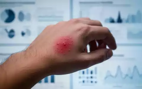 Nahaufnahme einer Hand eines jungen Erwachsenen mit einer subtilen, roten Entzündung auf der Haut, im Hintergrund verschwommene medizinische Diagramme. - Foto: über boerse-global.de