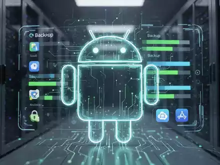 Stilisierte Android-Roboter-Ikone mit digitalen Backup-Fortschrittsbalken und App-Symbolen, die neue Backup-Funktionen symbolisieren. - Foto: über boerse-global.de